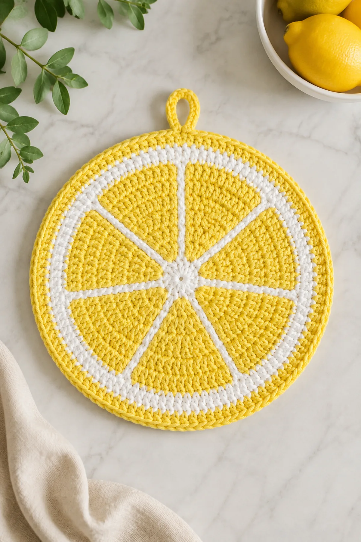 Finished easy crochet lemon slice pot holder displayed with a clean handmade finish