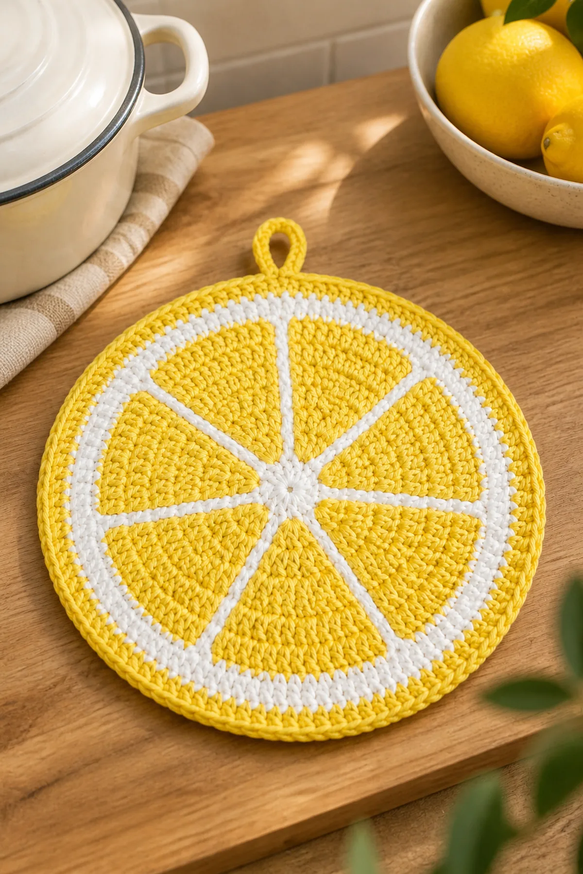 Finished easy crochet lemon slice pot holder styled in a bright natural setting
