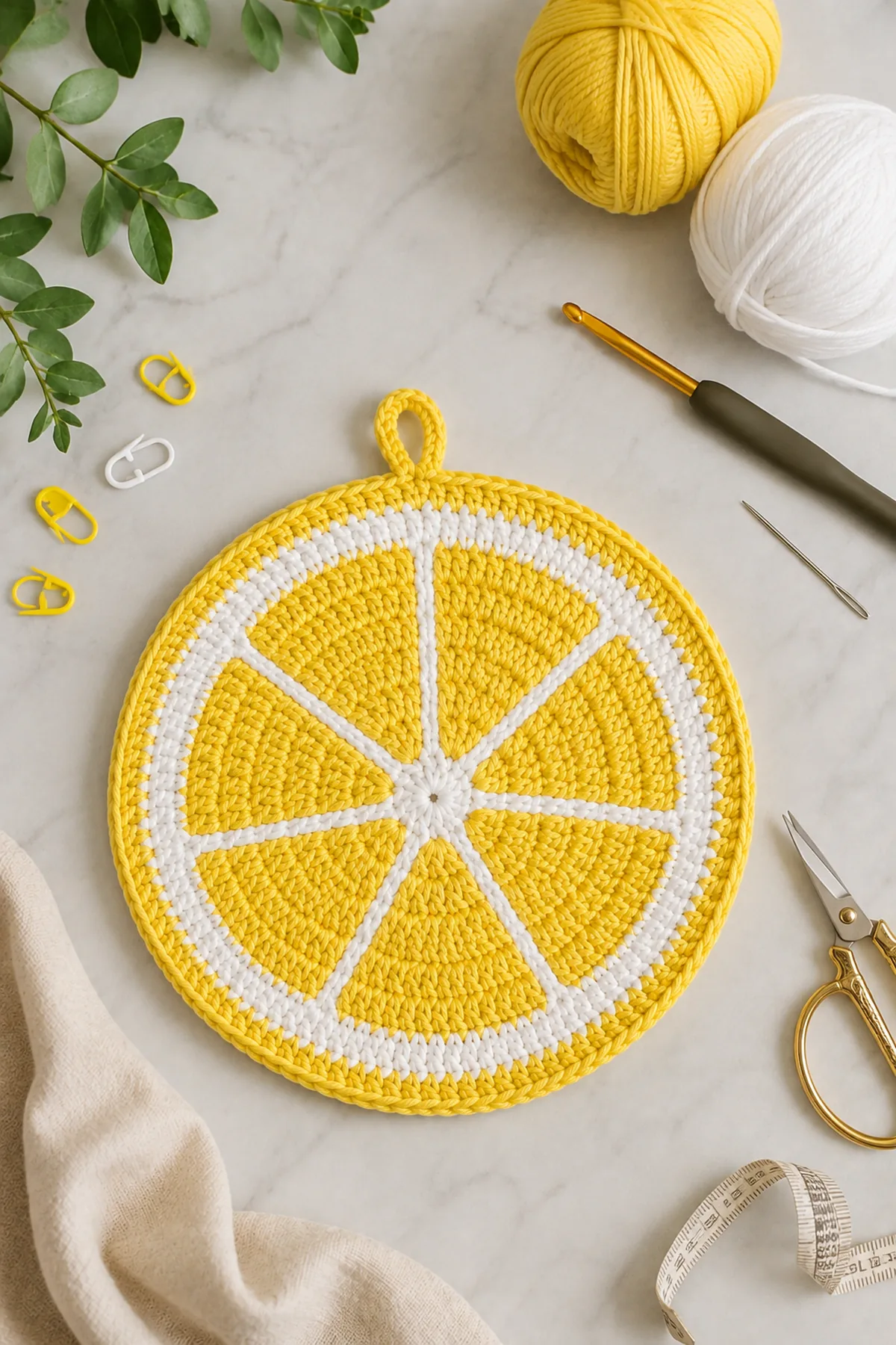 Yarn, crochet hook, stitch markers, yarn needle, tape measure, and scissors for easy crochet lemon slice pot holder