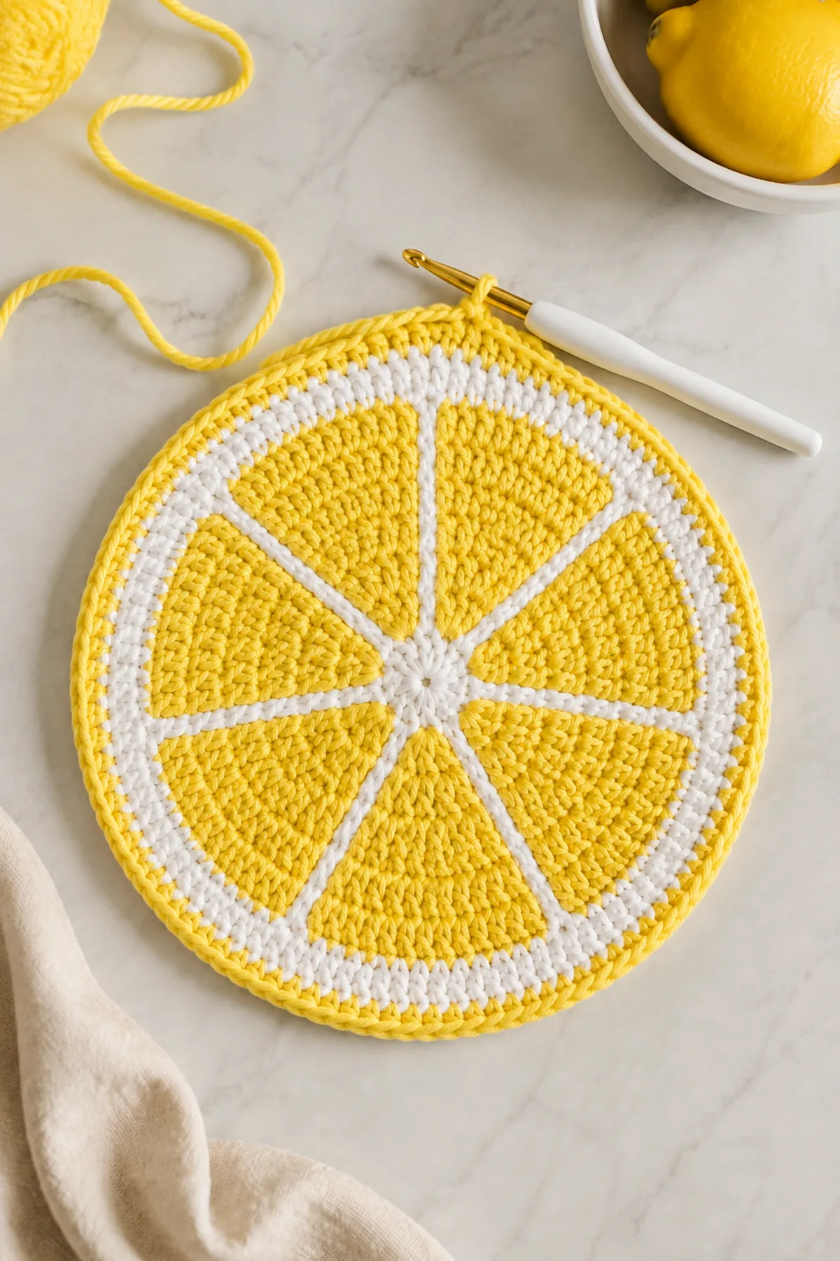 Early crochet construction stage for easy crochet lemon slice pot holder with working yarn and hook
