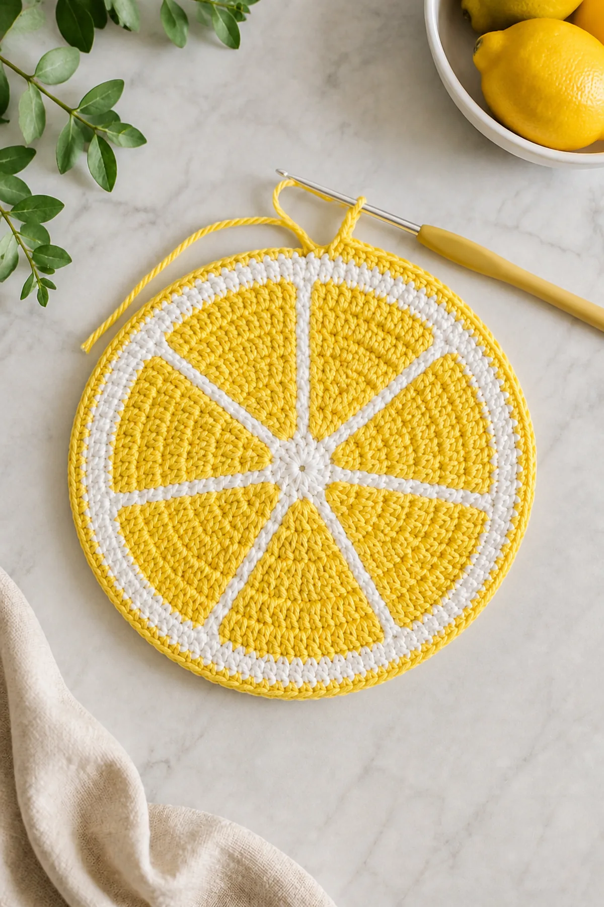 Mid-process crochet construction and shaping for easy crochet lemon slice pot holder