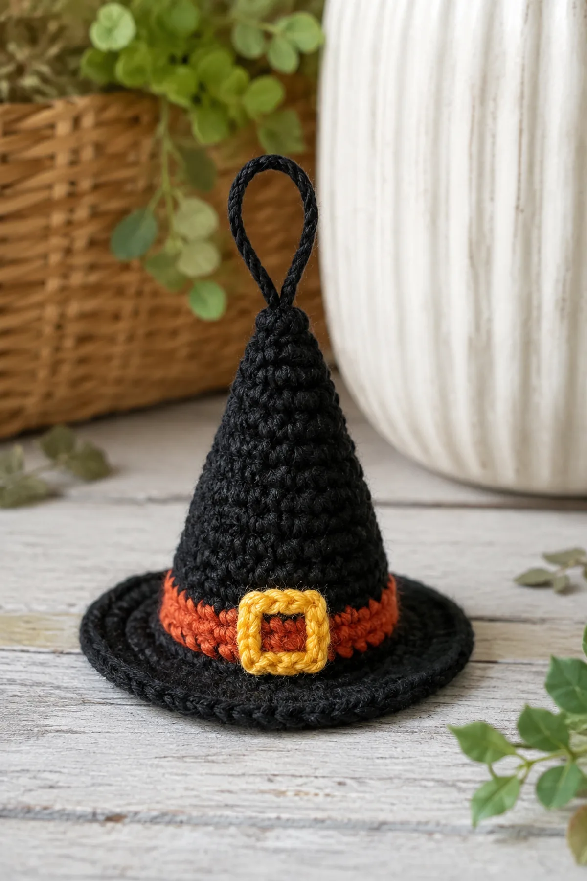 Finished easy crochet mini witch hat ornament displayed with a clean handmade finish