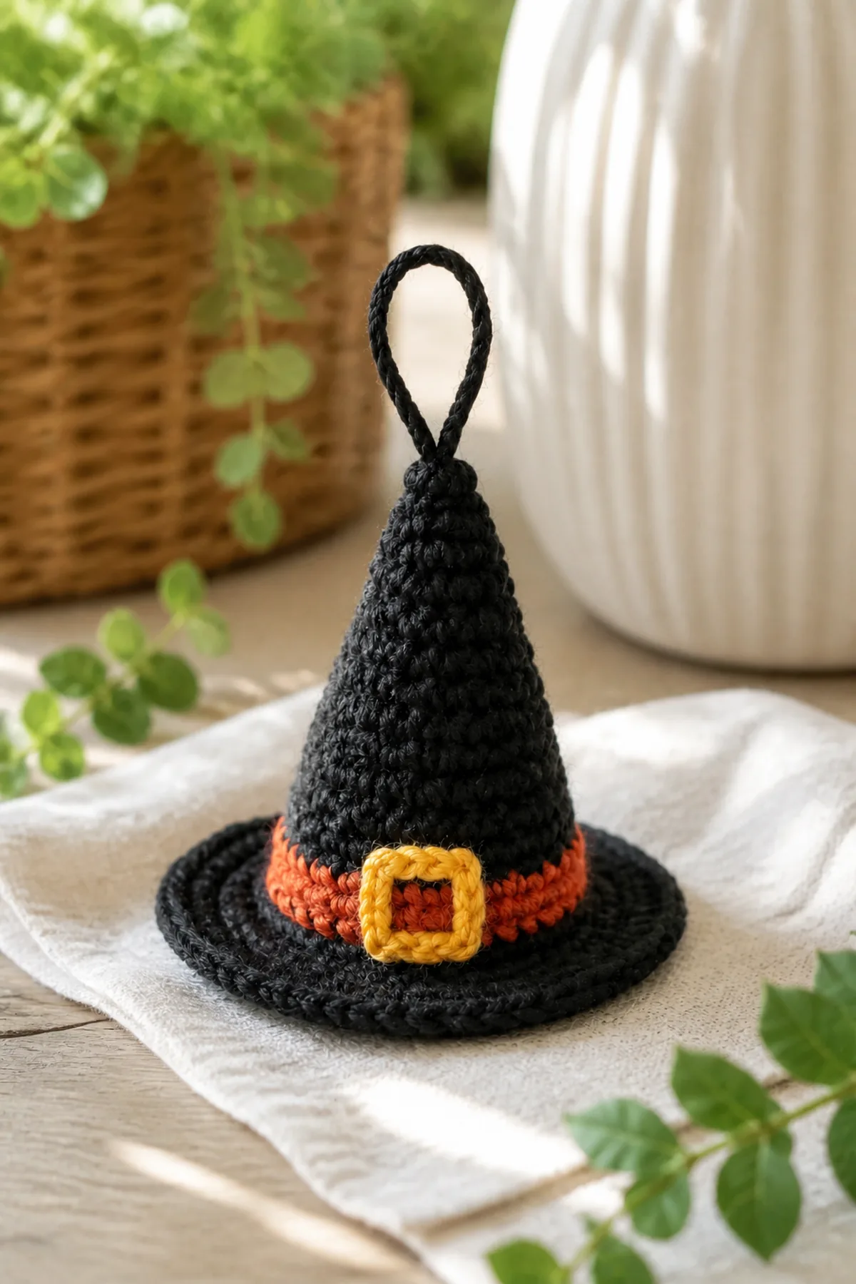 Finished easy crochet mini witch hat ornament styled in a bright natural setting