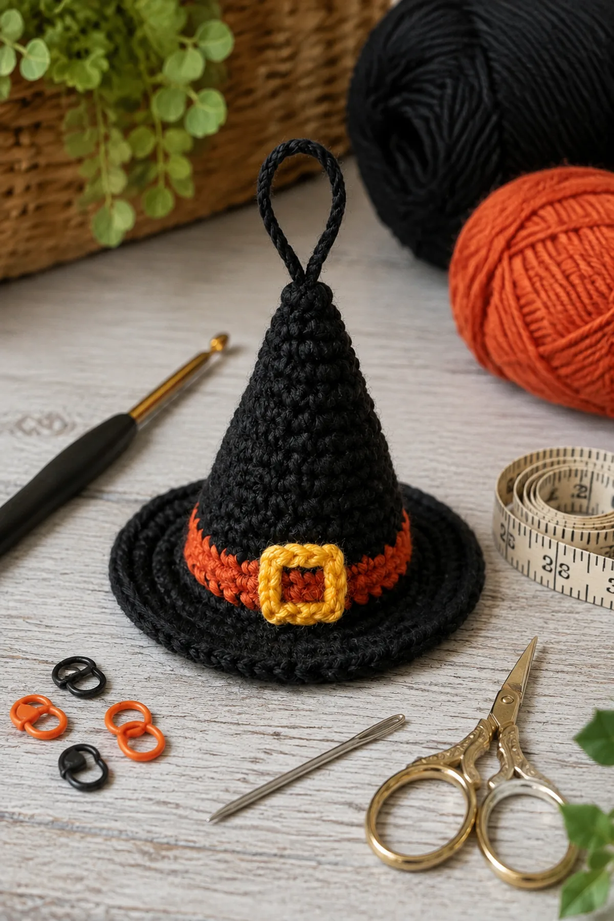 Yarn, crochet hook, stitch markers, yarn needle, tape measure, and scissors for easy crochet mini witch hat ornament