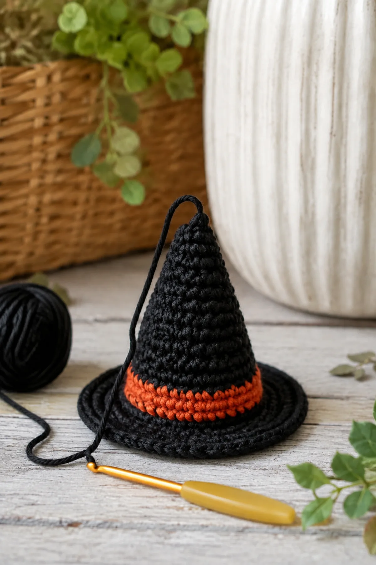 Early crochet construction stage for easy crochet mini witch hat ornament with working yarn and hook