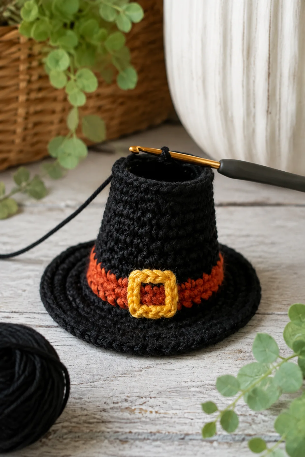 Mid-process crochet construction and shaping for easy crochet mini witch hat ornament