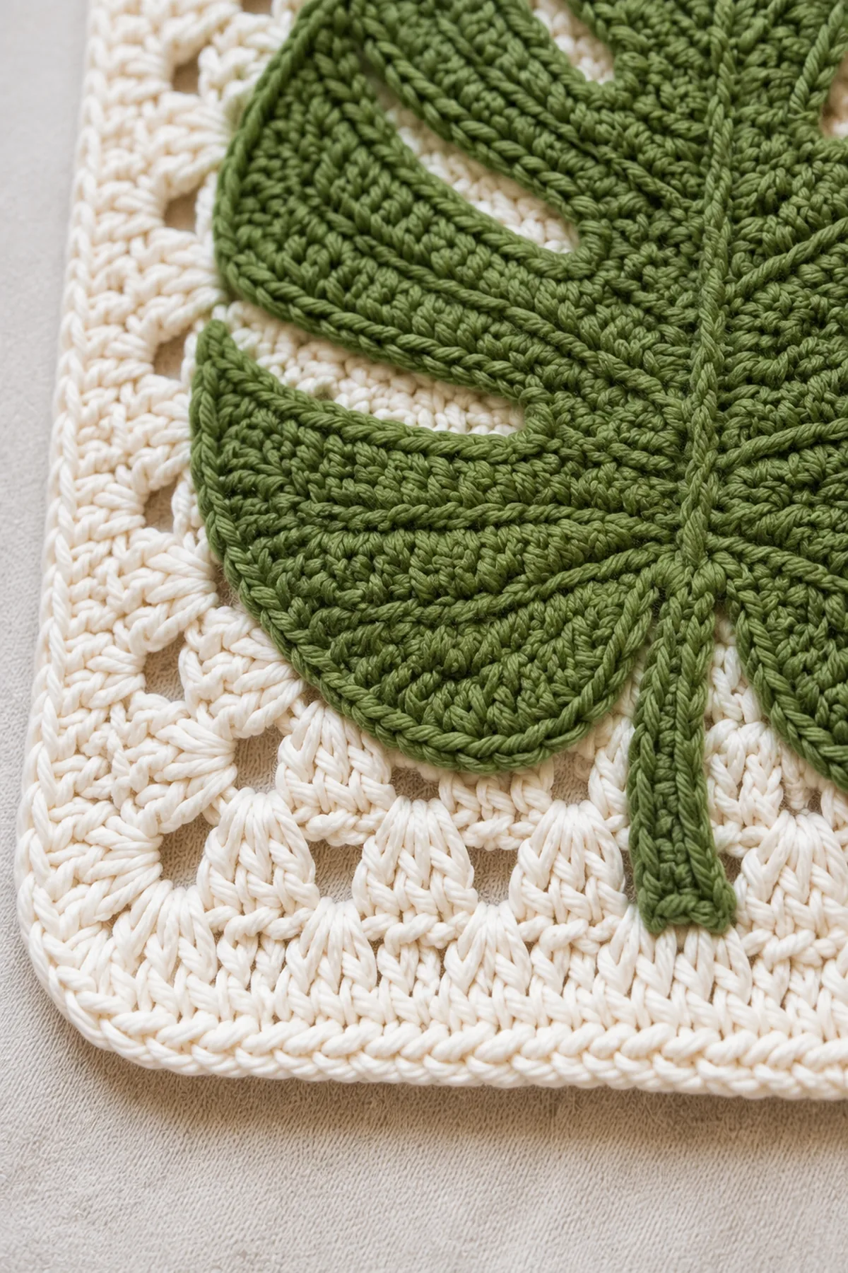 Close-up of the stitch texture and finishing details on easy crochet monstera leaf granny square