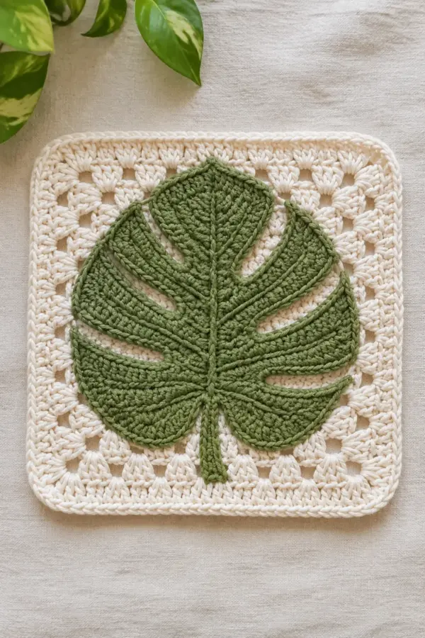 Finished easy crochet monstera leaf granny square displayed with a clean handmade finish