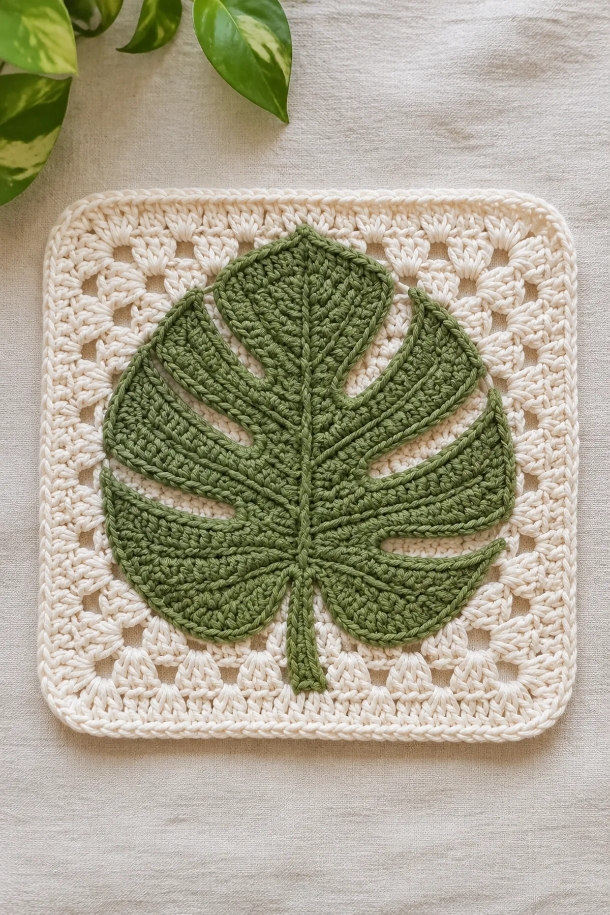 Finished easy crochet monstera leaf granny square displayed with a clean handmade finish