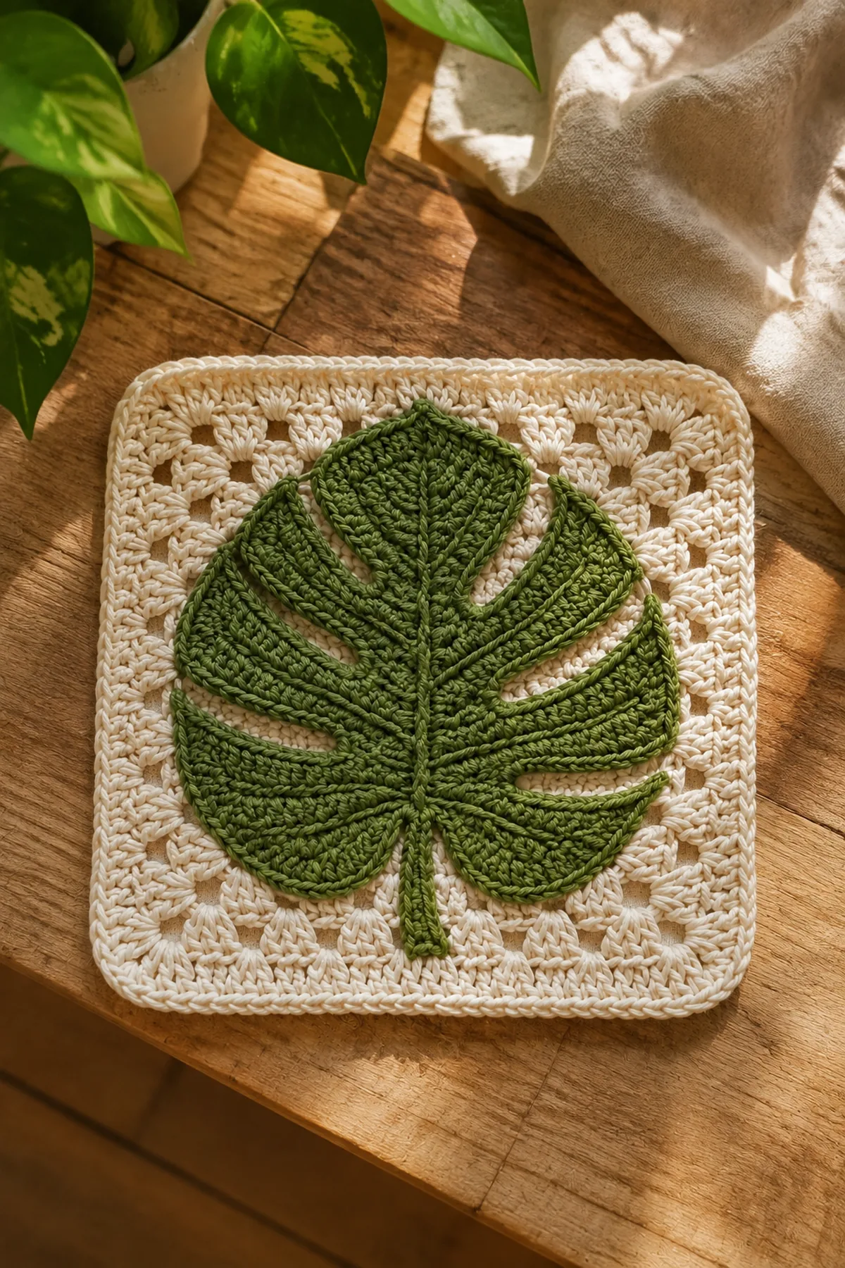 Finished easy crochet monstera leaf granny square styled in a bright natural setting