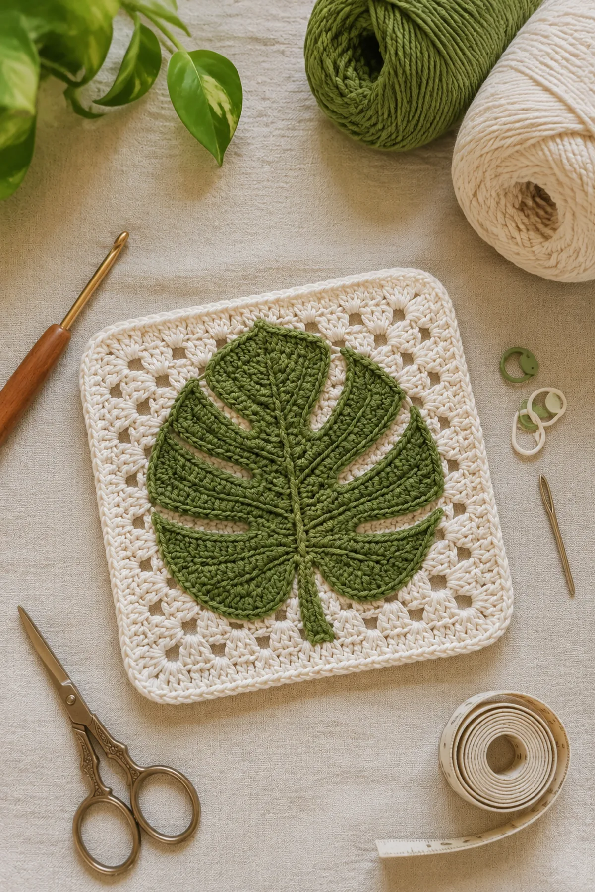 Yarn, crochet hook, stitch markers, yarn needle, tape measure, and scissors for easy crochet monstera leaf granny square