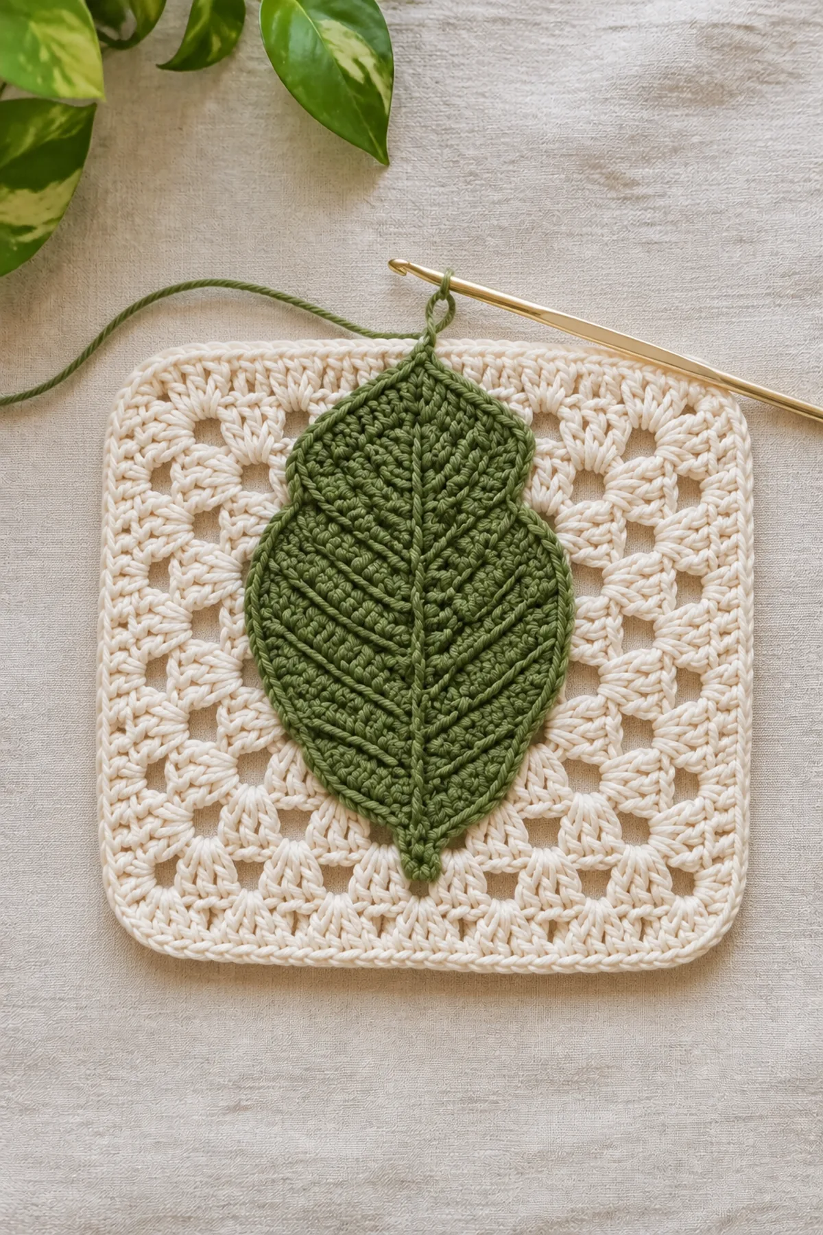 Early crochet construction stage for easy crochet monstera leaf granny square with working yarn and hook