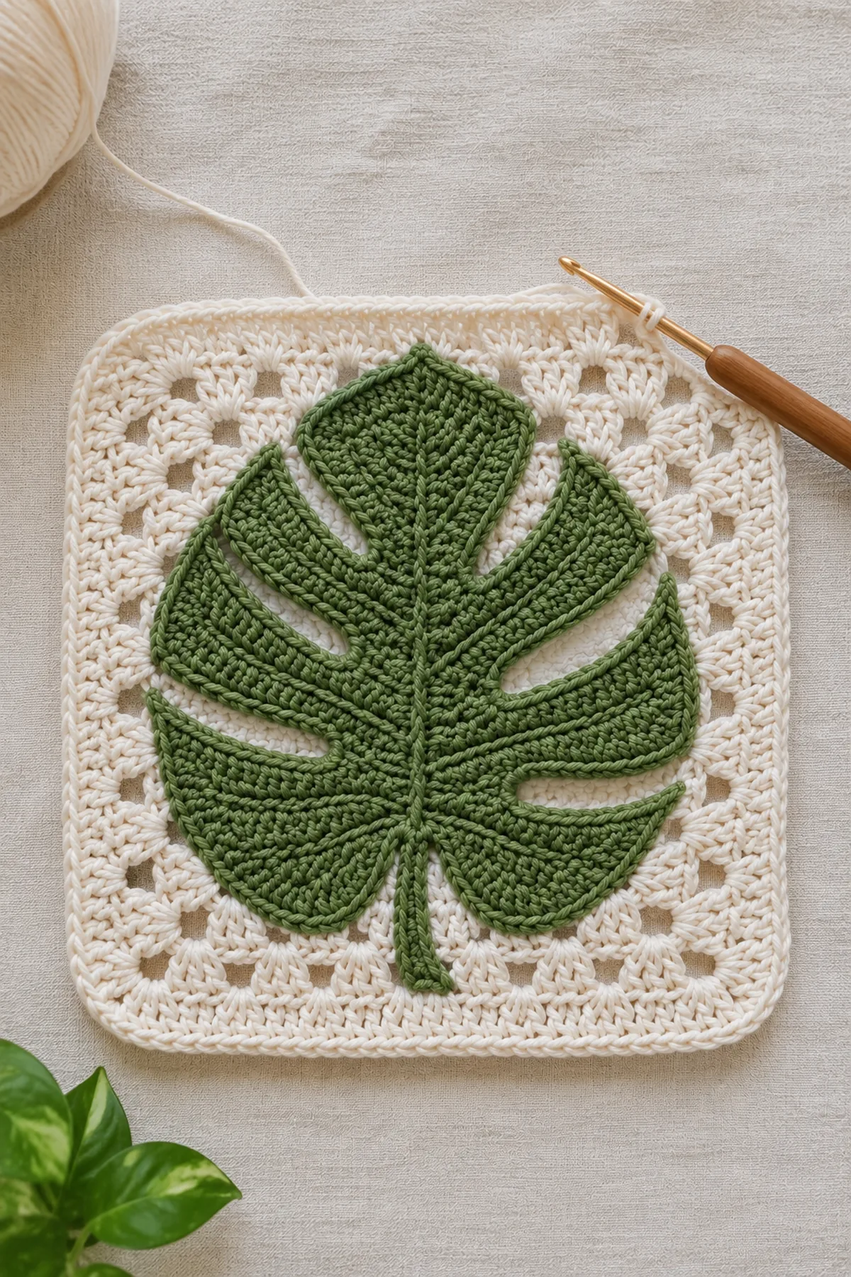 Mid-process crochet construction and shaping for easy crochet monstera leaf granny square