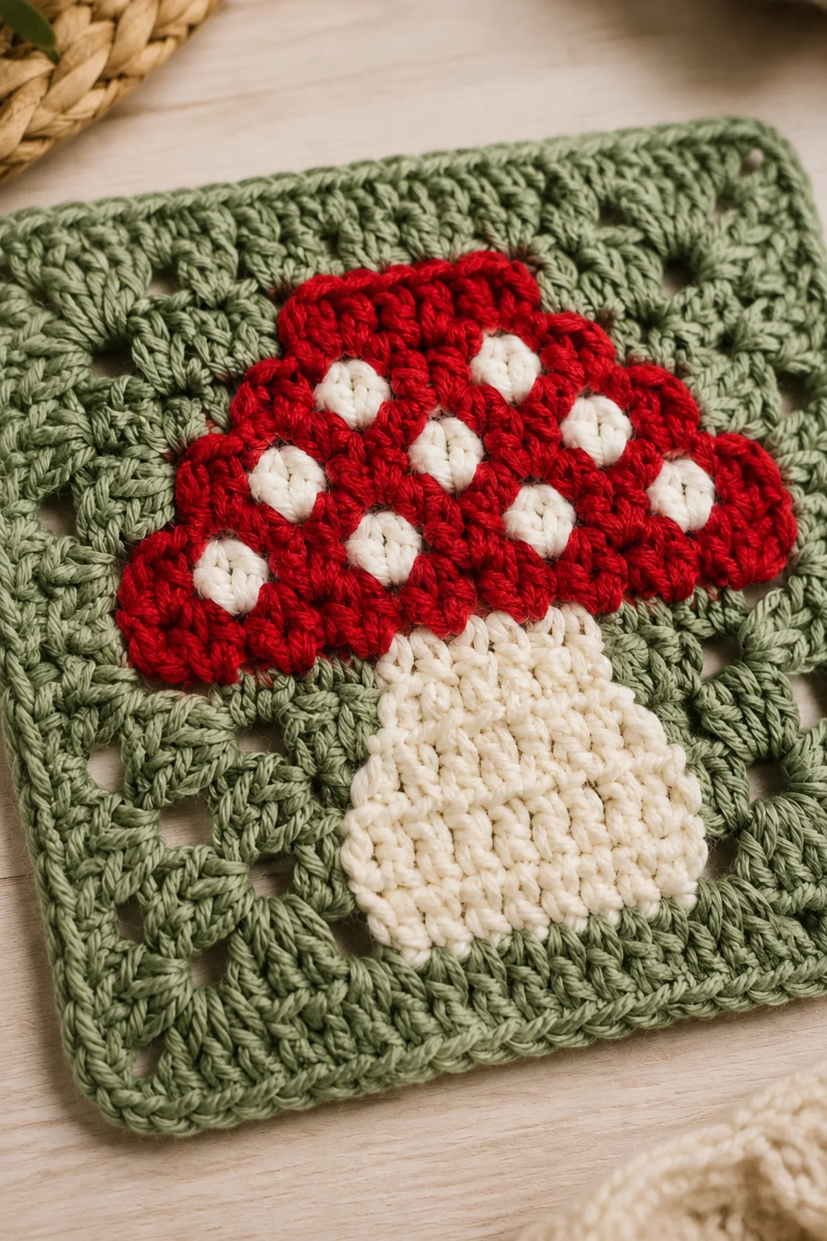 Close-up of the stitch texture and finishing details on easy crochet mushroom granny square