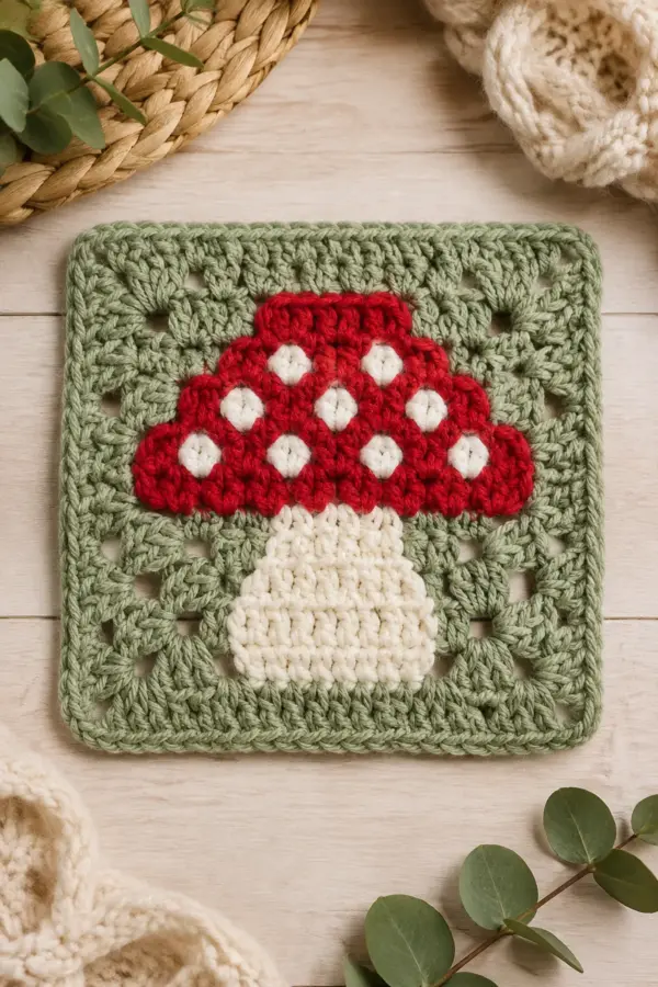 Finished easy crochet mushroom granny square displayed with a clean handmade finish