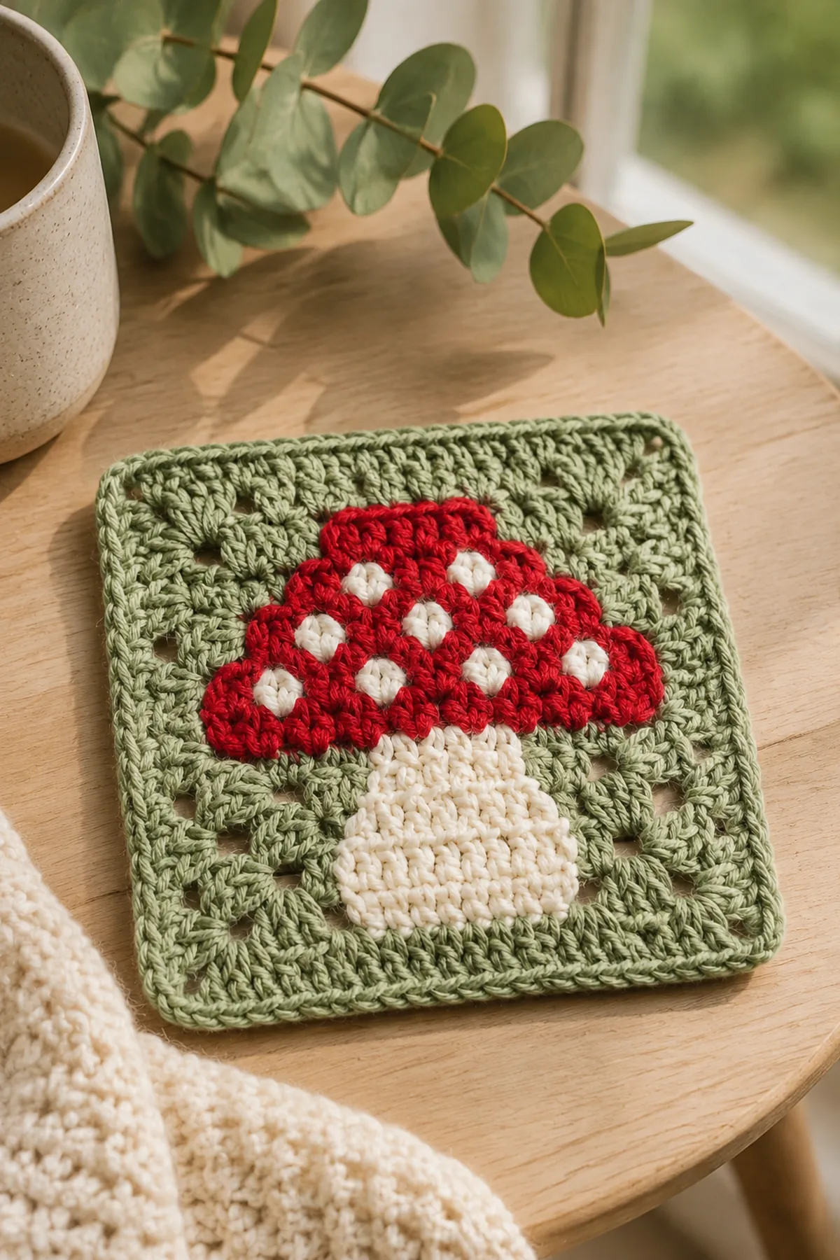 Finished easy crochet mushroom granny square styled in a bright natural setting