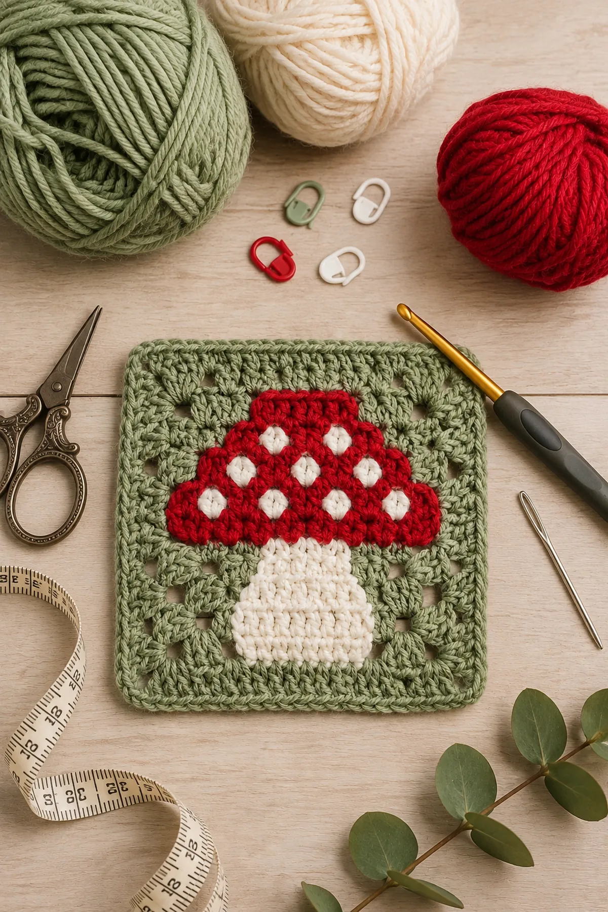 Yarn, crochet hook, stitch markers, yarn needle, tape measure, and scissors for easy crochet mushroom granny square