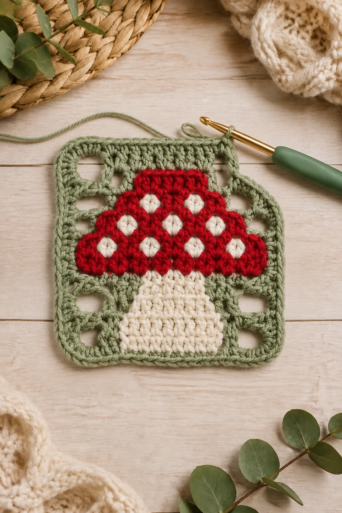 Early crochet construction stage for easy crochet mushroom granny square with working yarn and hook