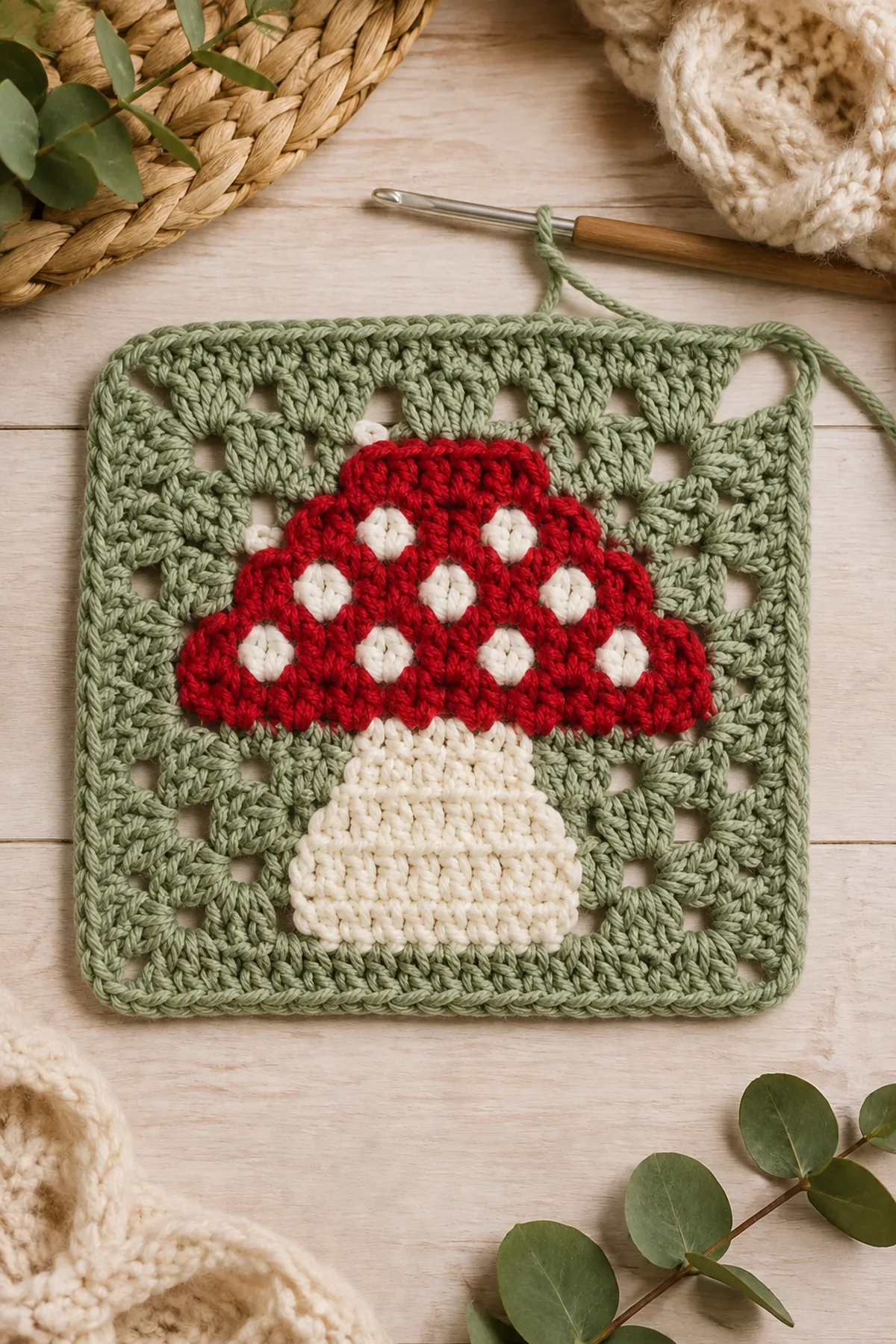 Mid-process crochet construction and shaping for easy crochet mushroom granny square