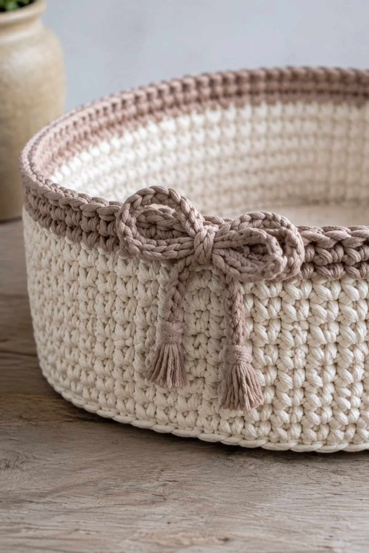 Close-up of the stitch texture and finishing details on easy crochet oval bread basket