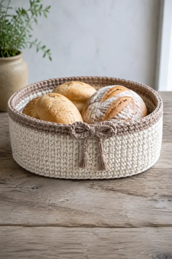 Finished easy crochet oval bread basket displayed with a clean handmade finish