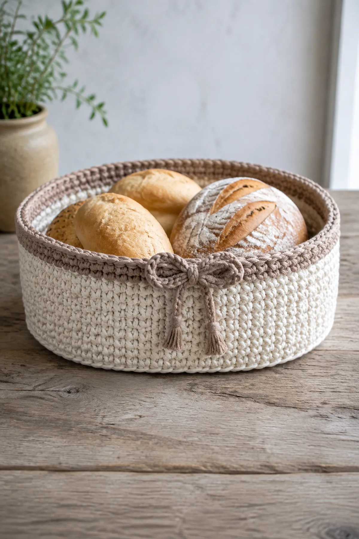 Finished easy crochet oval bread basket displayed with a clean handmade finish