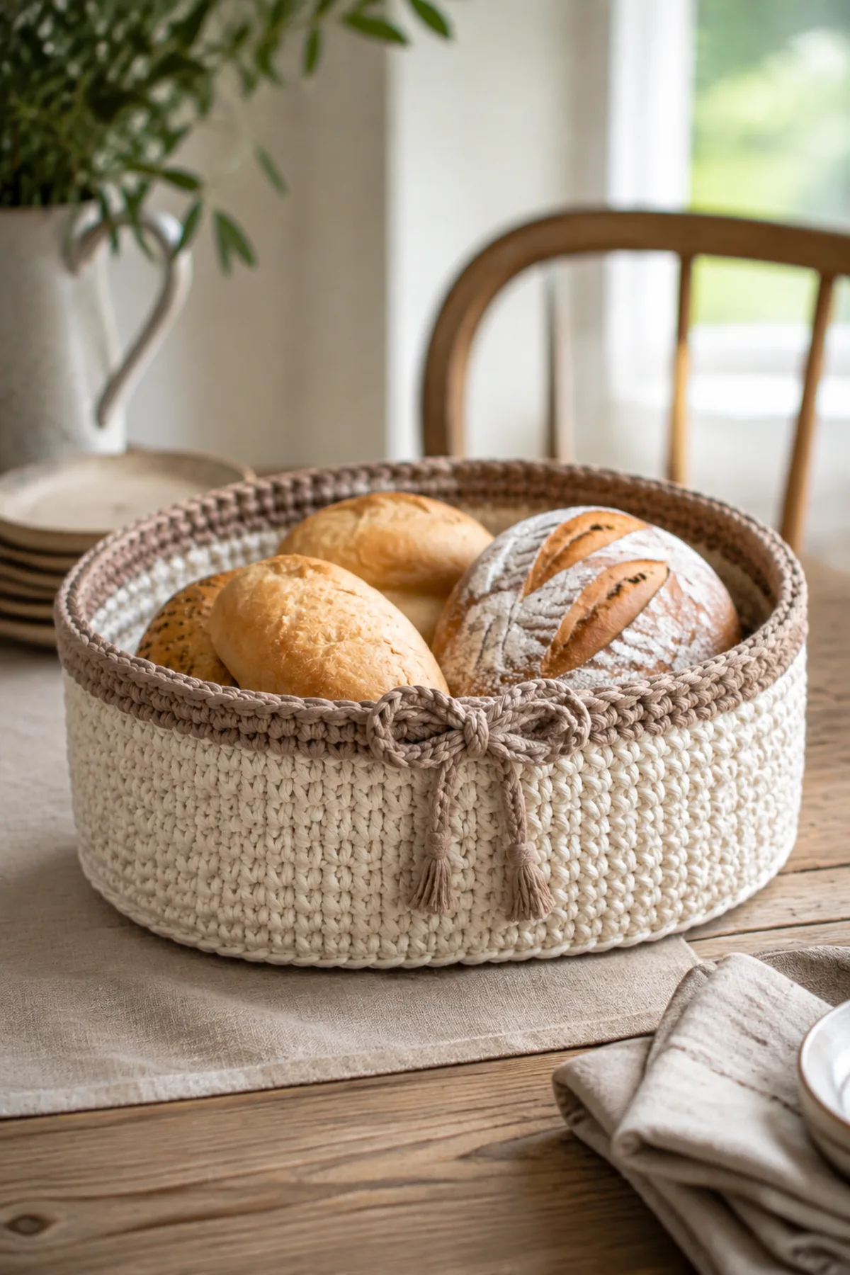 Finished easy crochet oval bread basket styled in a bright natural setting