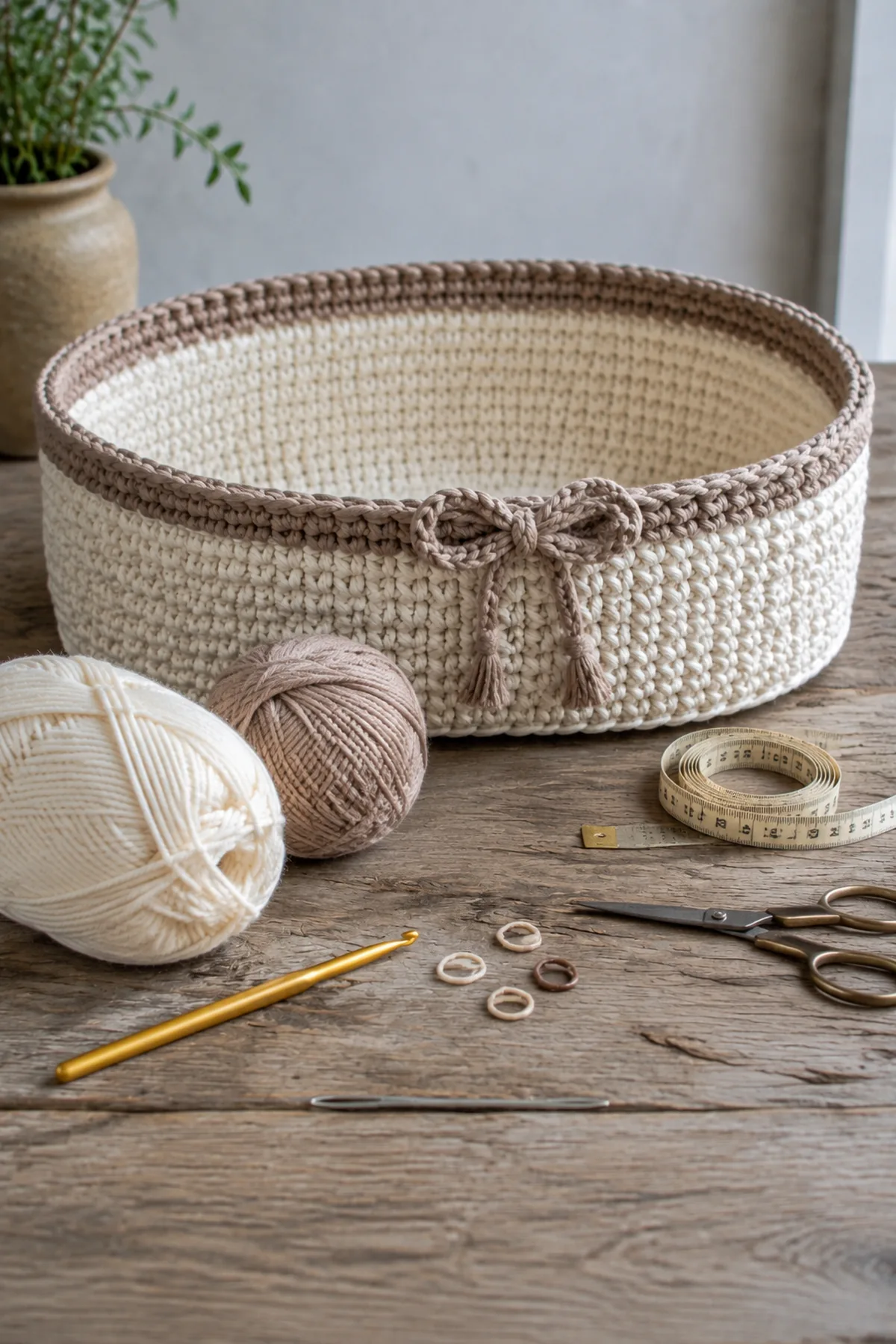 Yarn, crochet hook, stitch markers, yarn needle, tape measure, and scissors for easy crochet oval bread basket