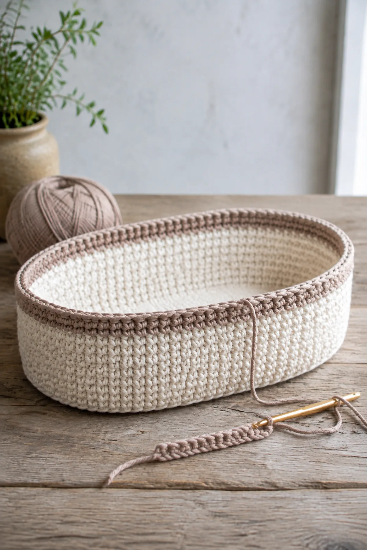 Early crochet construction stage for easy crochet oval bread basket with working yarn and hook
