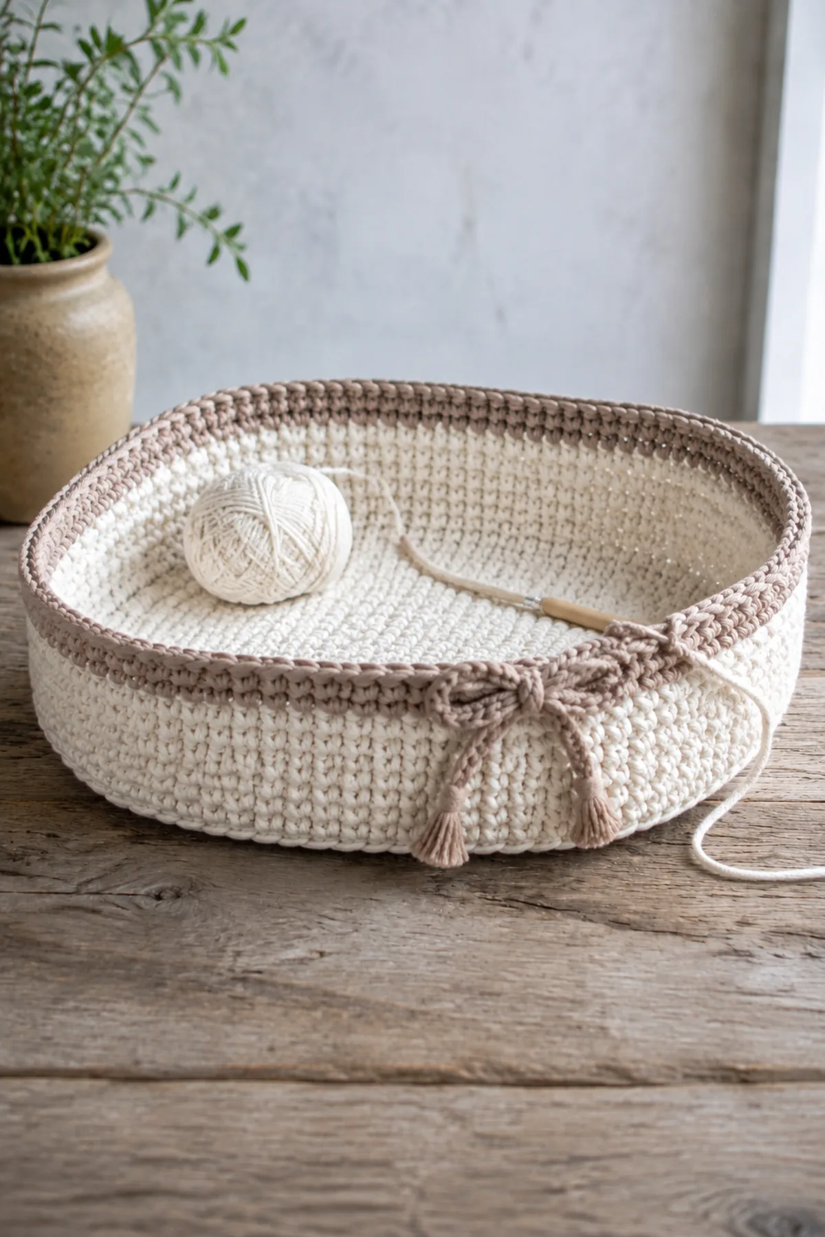 Mid-process crochet construction and shaping for easy crochet oval bread basket