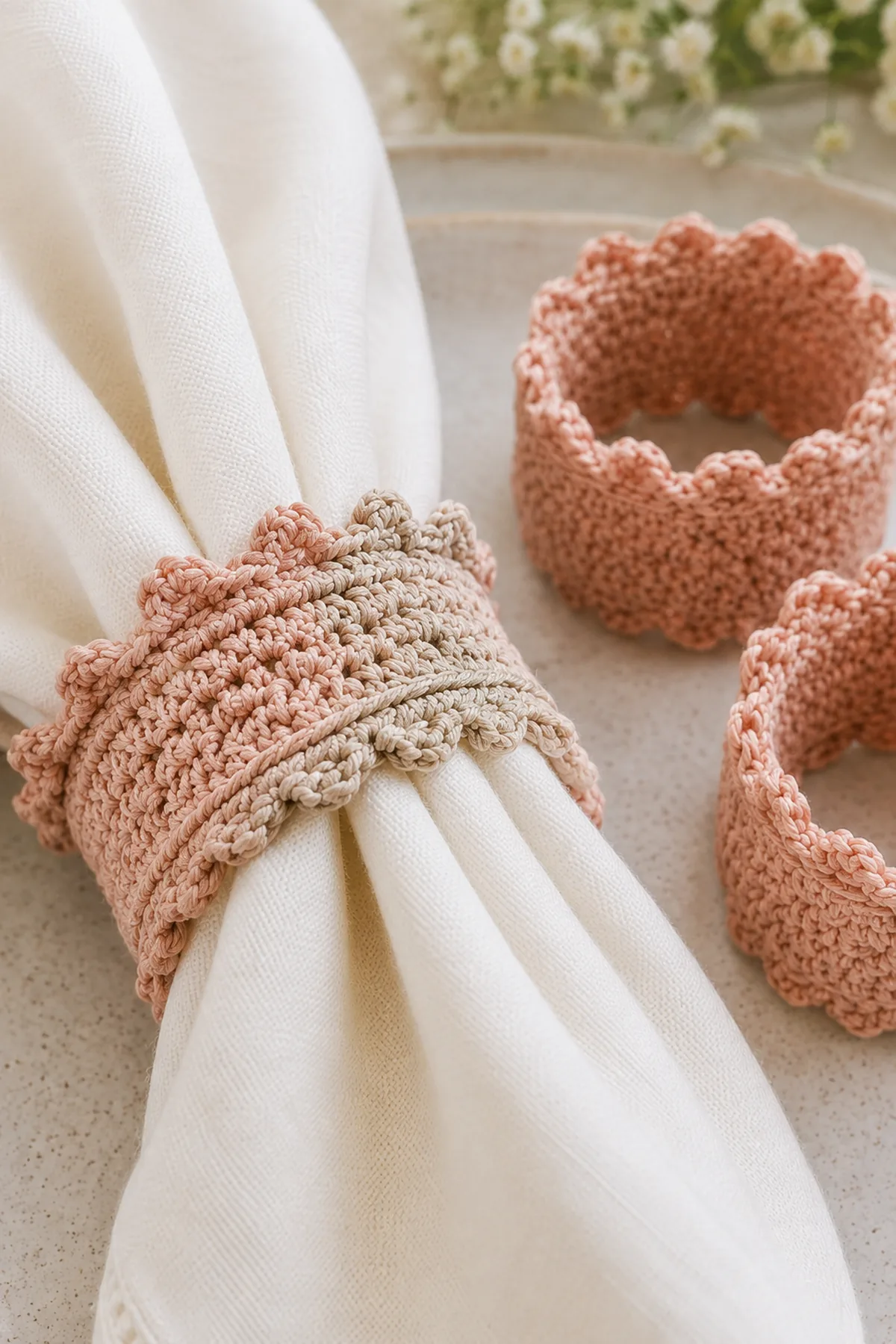 Close-up of the stitch texture and finishing details on easy crochet picot napkin rings