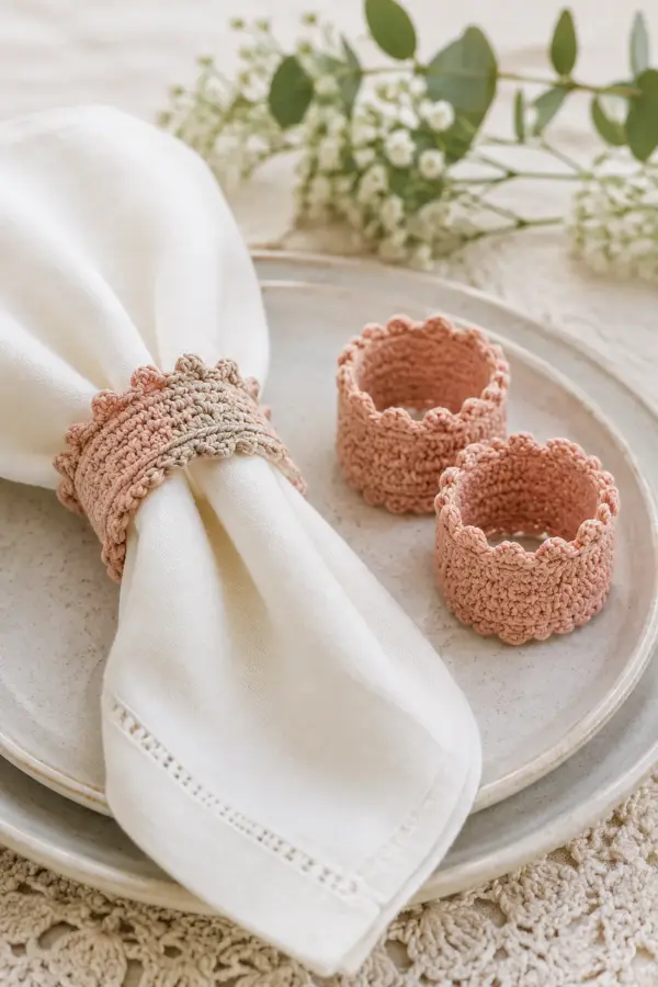 Finished easy crochet picot napkin rings displayed with a clean handmade finish