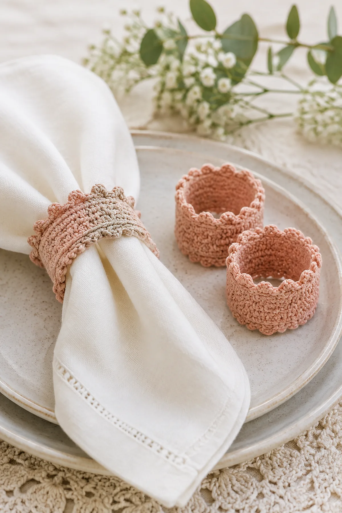 Finished easy crochet picot napkin rings displayed with a clean handmade finish