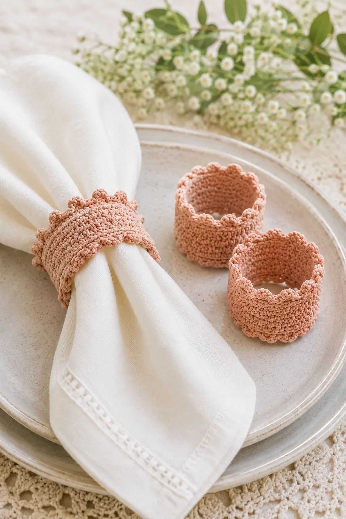 Finished easy crochet picot napkin rings styled in a bright natural setting