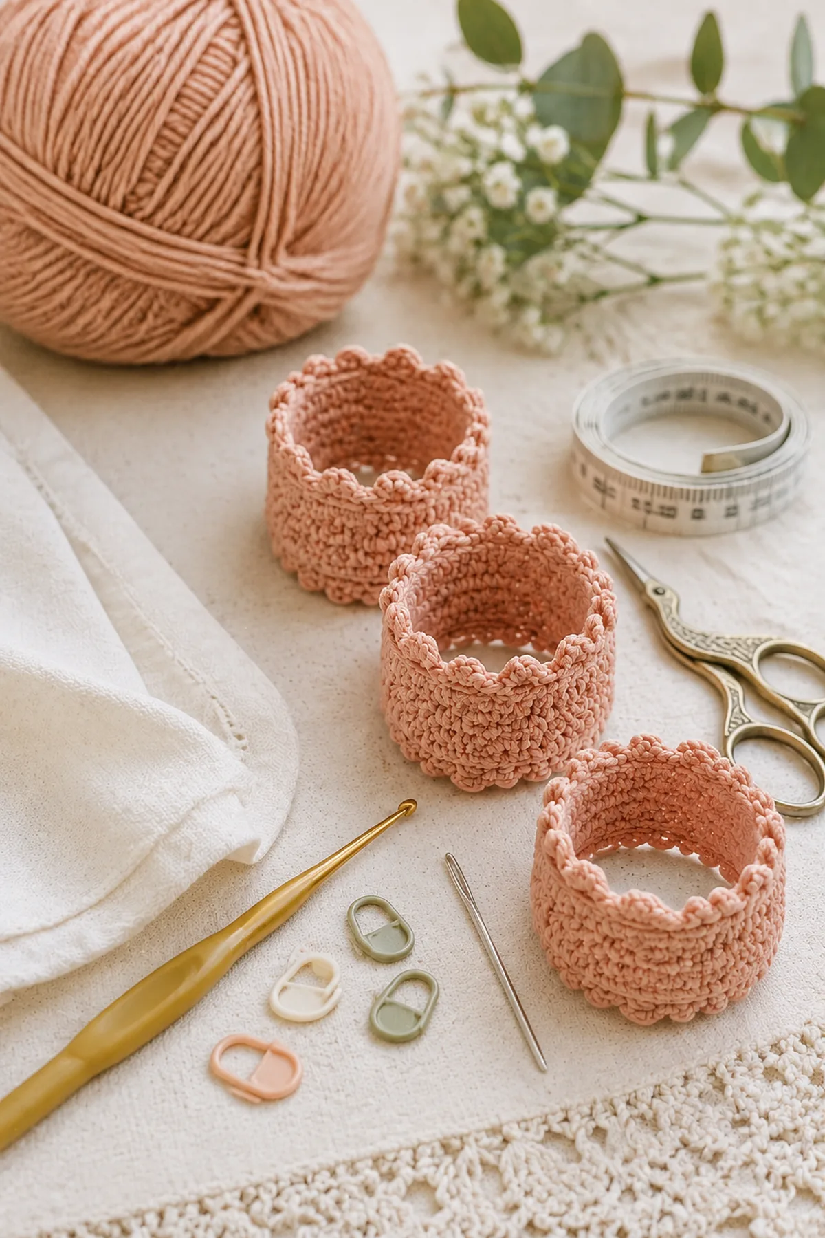 Yarn, crochet hook, stitch markers, yarn needle, tape measure, and scissors for easy crochet picot napkin rings