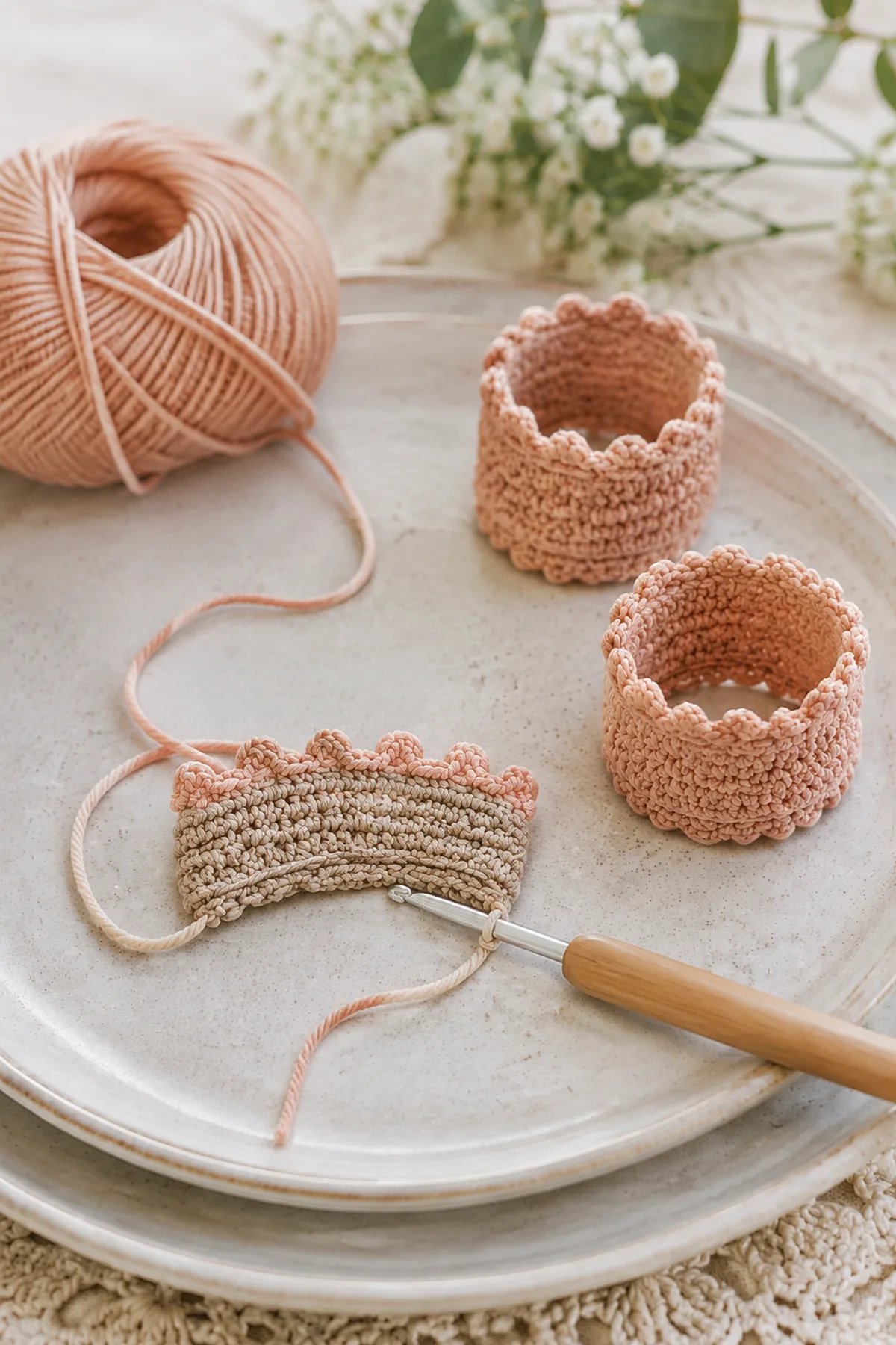 Early crochet construction stage for easy crochet picot napkin rings with working yarn and hook