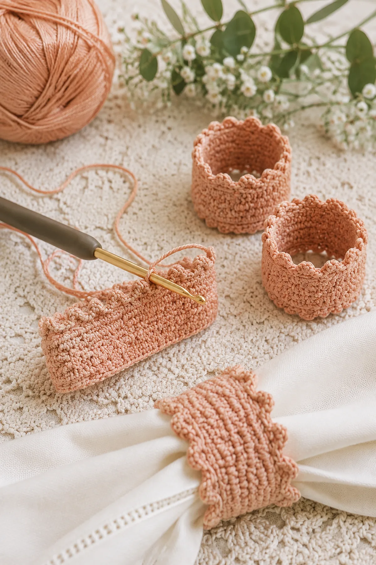 Mid-process crochet construction and shaping for easy crochet picot napkin rings