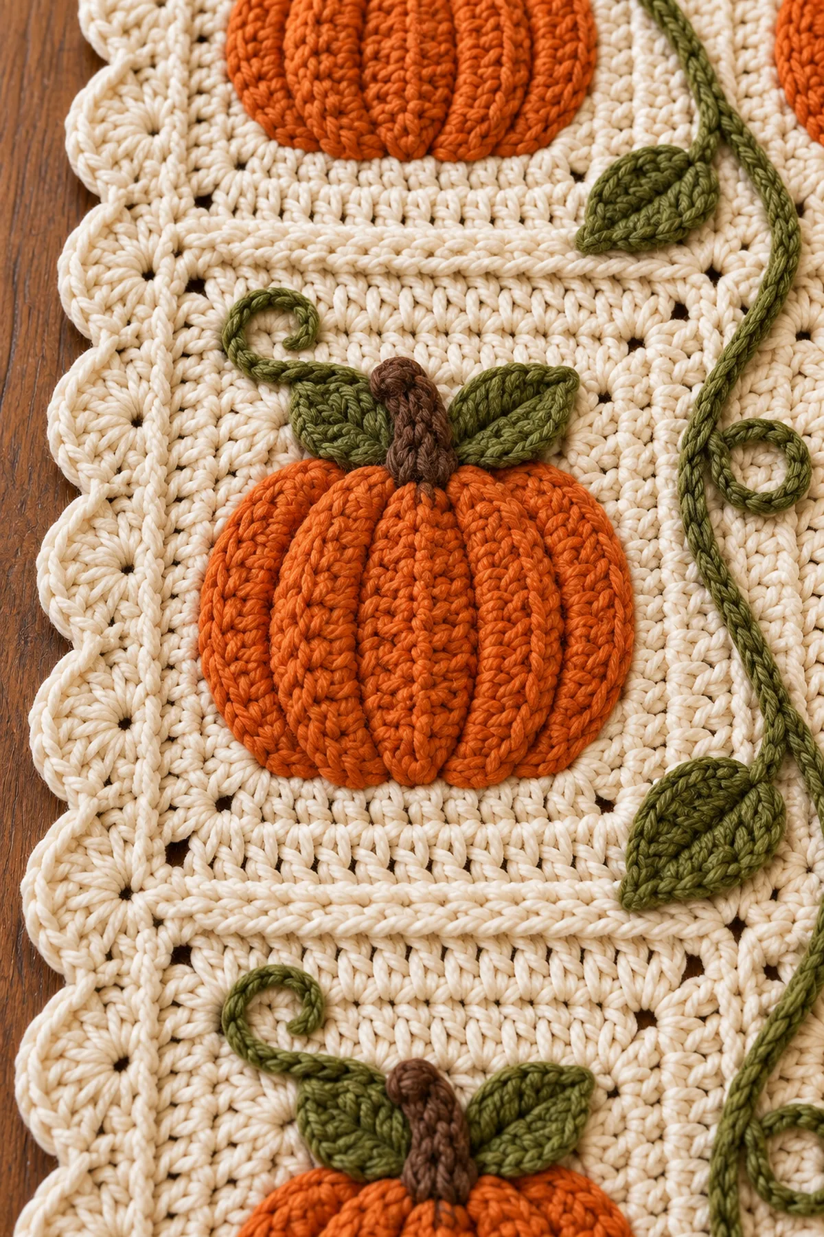 Close-up of ribbed pumpkin square olive surface crochet vine curled tendril and scalloped edge