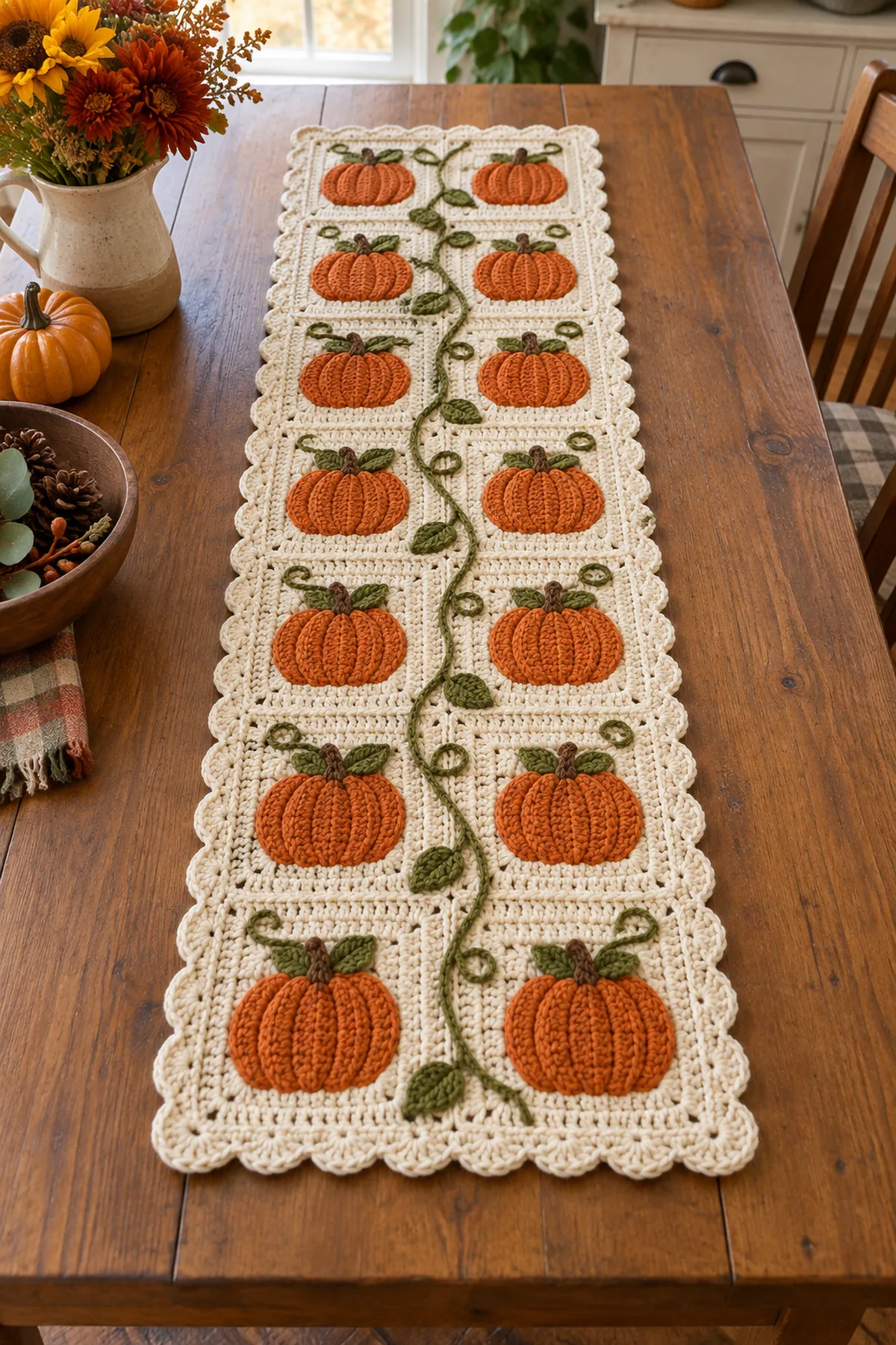 Finished cream crochet table runner made from orange pumpkin squares with an olive curling vine