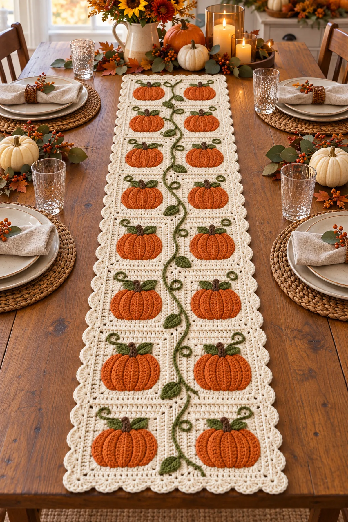 Pumpkin vine crochet table runner styled across an autumn dining table