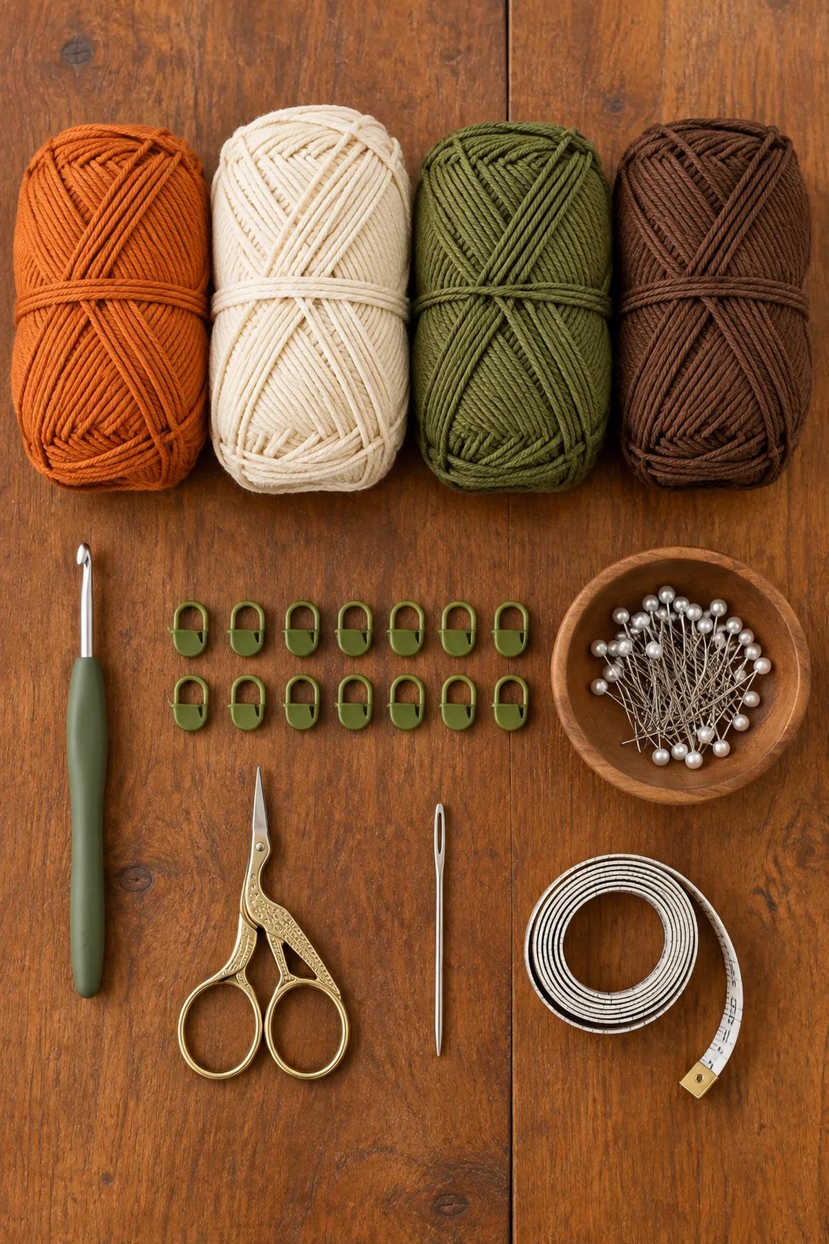 Orange cream olive and brown cotton yarn with hook markers blocking pins needle scissors and tape