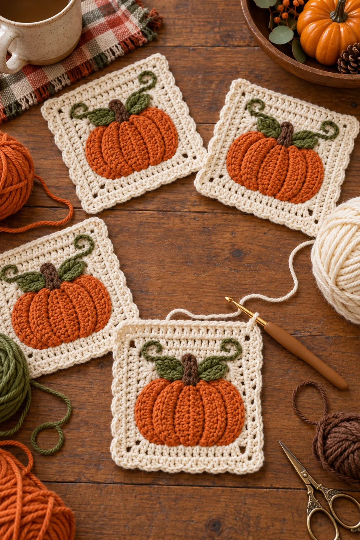 Counted orange pumpkin crochet medallion being squared with cream yarn