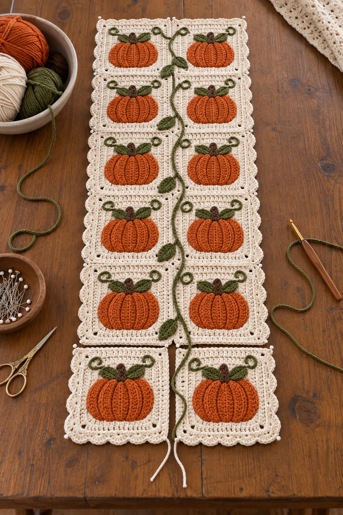 Fourteen blocked pumpkin squares arranged in two rows for flat braid joining