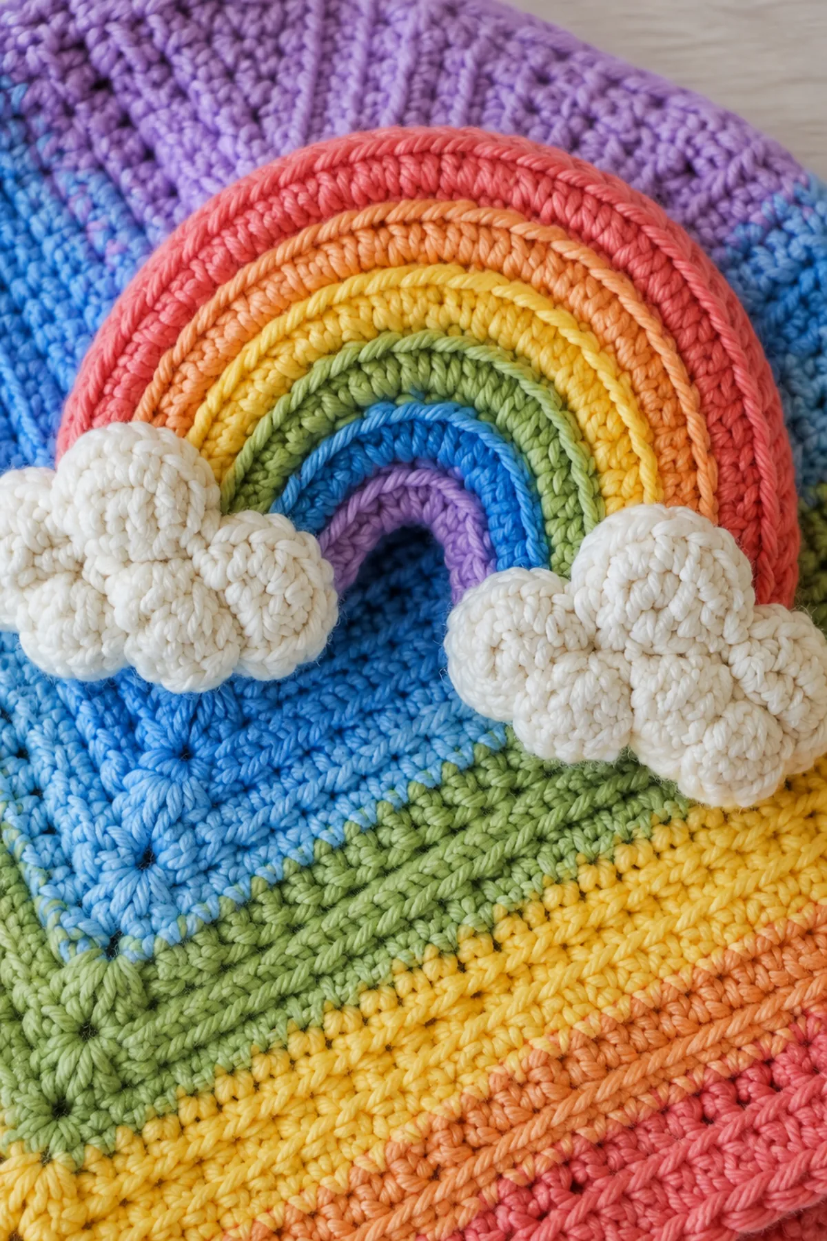 Close-up of the stitch texture and finishing details on easy crochet rainbow baby lovey