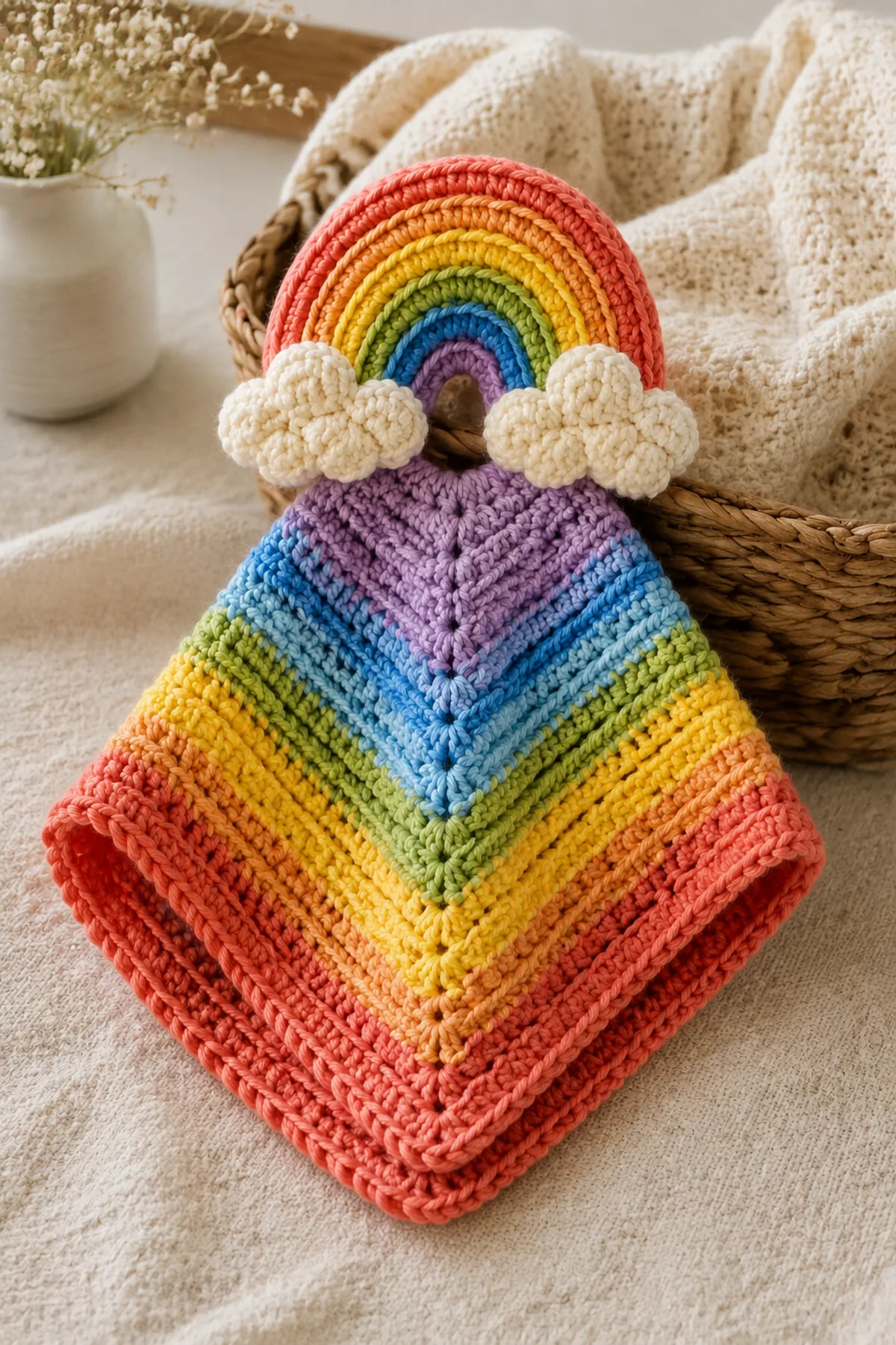 Finished easy crochet rainbow baby lovey styled in a bright natural setting