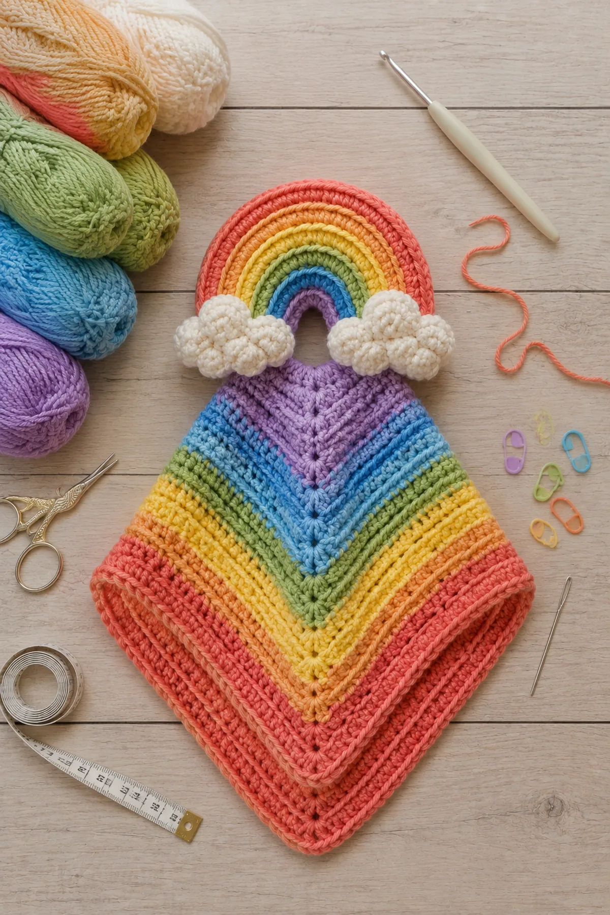 Yarn, crochet hook, stitch markers, yarn needle, tape measure, and scissors for easy crochet rainbow baby lovey