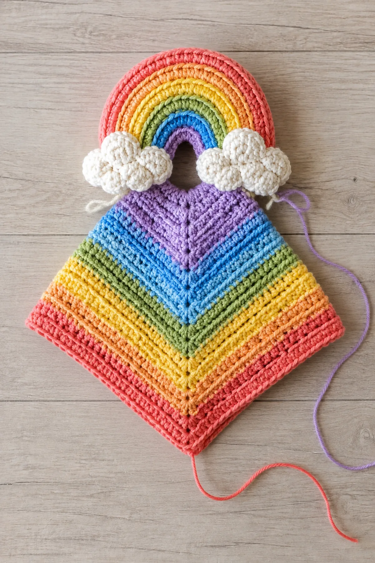 Mid-process crochet construction and shaping for easy crochet rainbow baby lovey