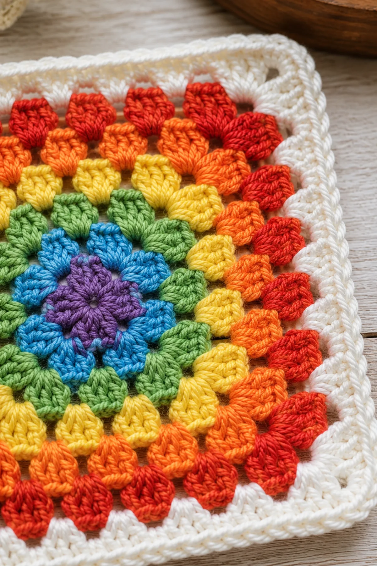 Close-up of the stitch texture and finishing details on easy crochet rainbow granny square