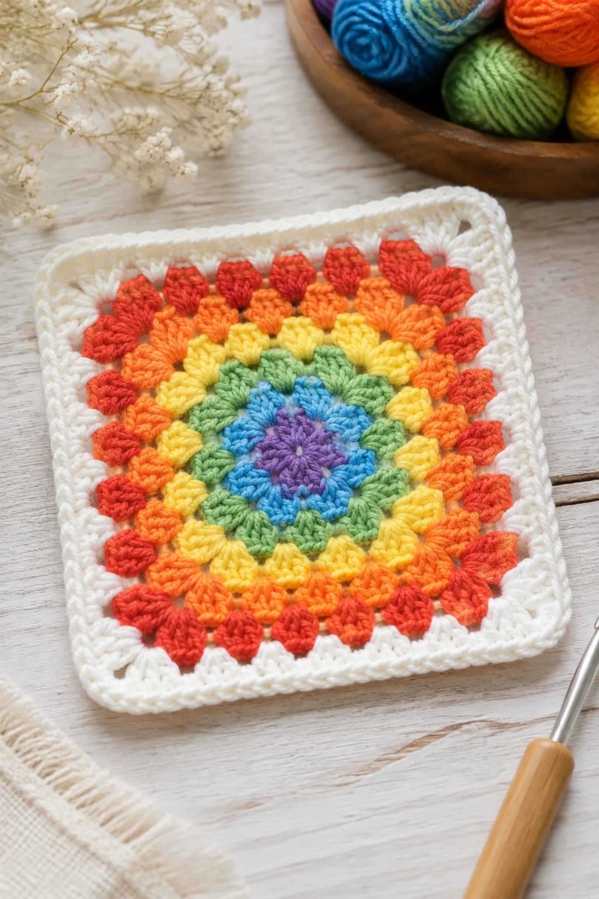 Finished easy crochet rainbow granny square displayed with a clean handmade finish