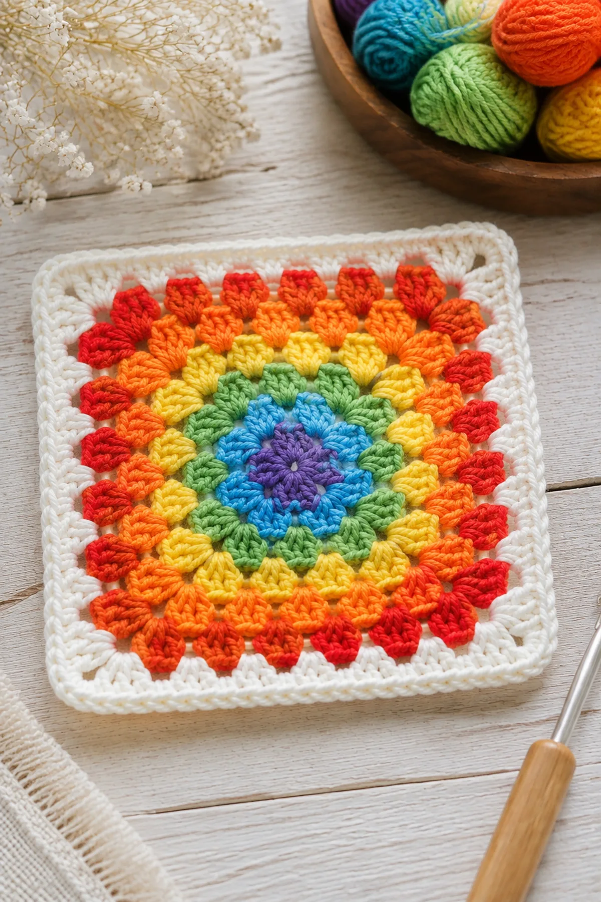 Finished easy crochet rainbow granny square styled in a bright natural setting
